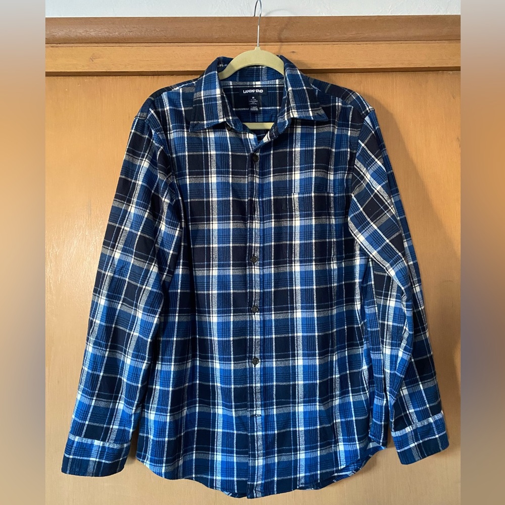 Men’s Lands’ End blue navy white plaid flannel shirt (M)